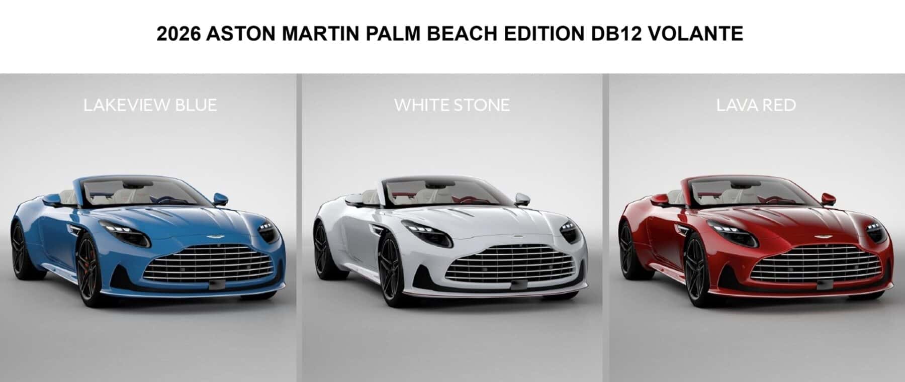 2026 Aston Martin DB12 Palm Beach Q Edition Volante White Stone Lakeview Blue Lava Red