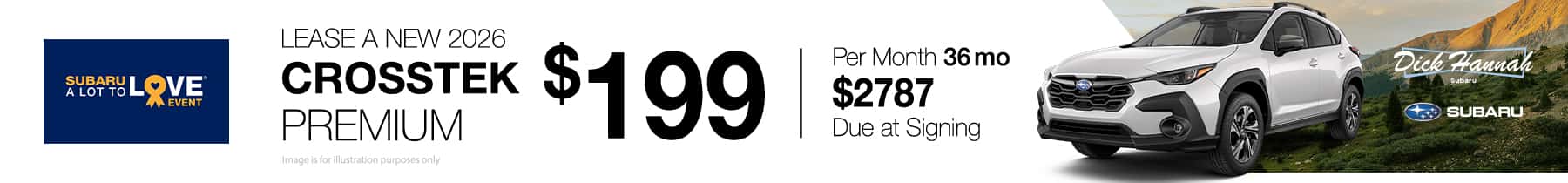 Lease Offer: 2026 Subaru Crosstrek Premium $199/mo for 36 mo $2787 Due at Signing.