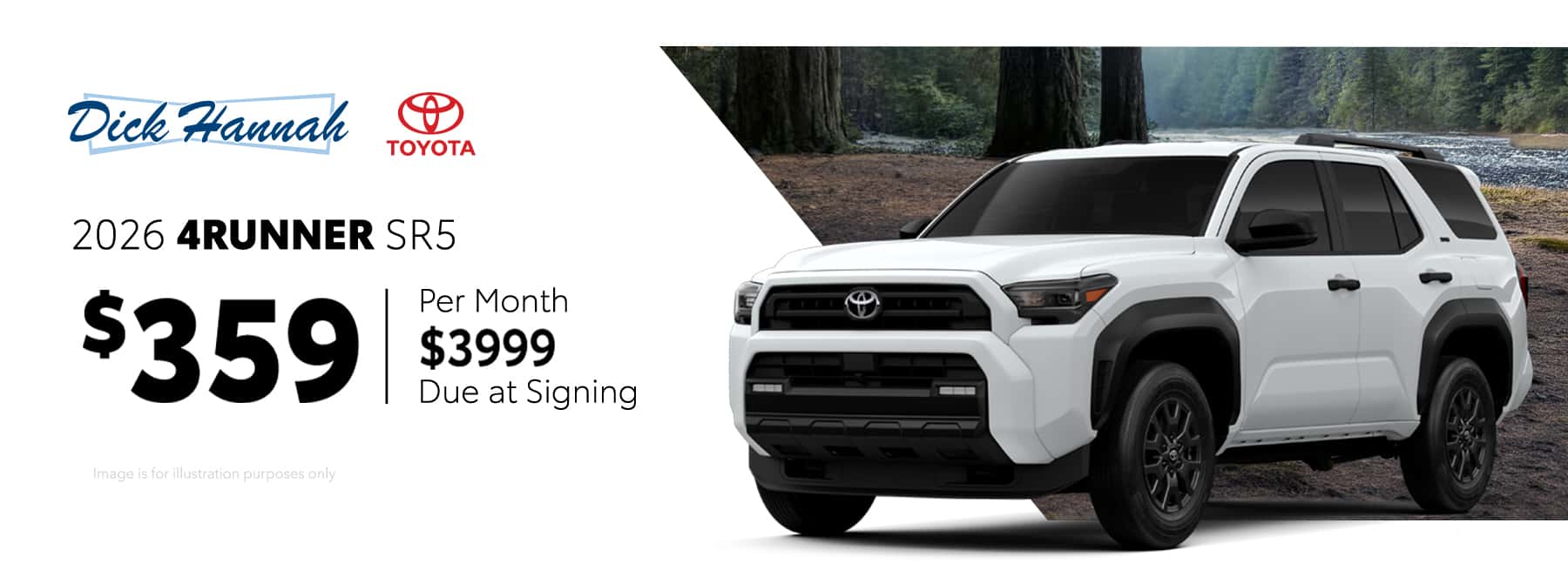 Qualified lessees can lease a new 2026 4Runner 4WD Wagon SR5 L4 8AT Model 8664 for $359 per month for 36 months with $3,999 Due At Signing.