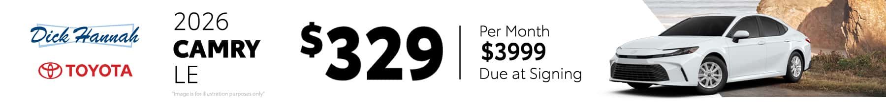 2026 Camry LE Lease a new 2026 Camry for only $329 per month for 36 months. $3,999 Due At Signing.