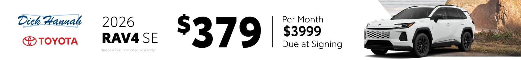 2026 RAV4 SE Lease a new 2026 RAV4 for only $379 per month for 36 months. $3,999 Due At Signing.