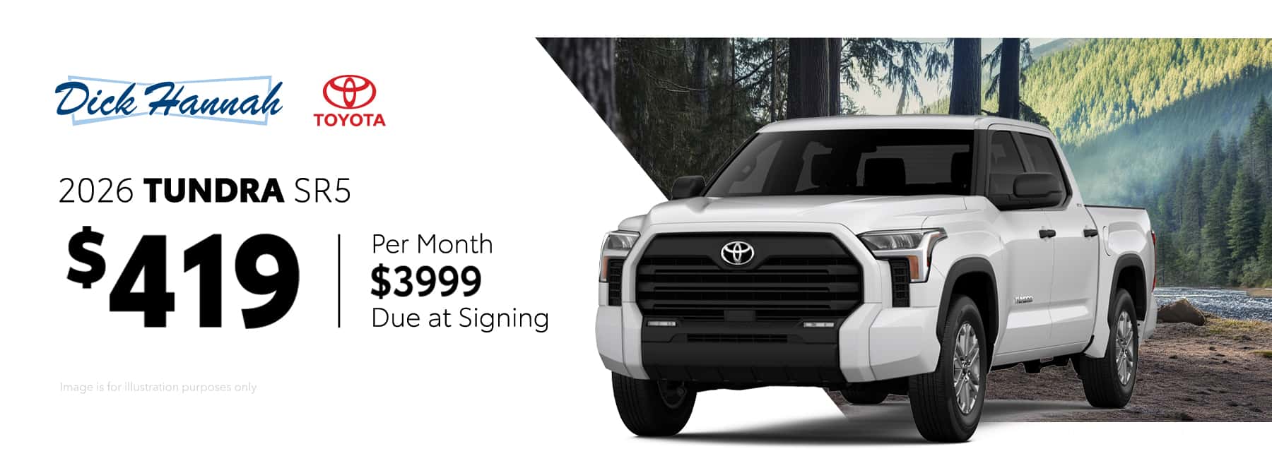 Qualified lessees can lease a new 2026 Tundra 2WD Crew Max SR5 V6 10AT Model 8261 for $419 per month for 36 months with $3,999 Due At Signing.