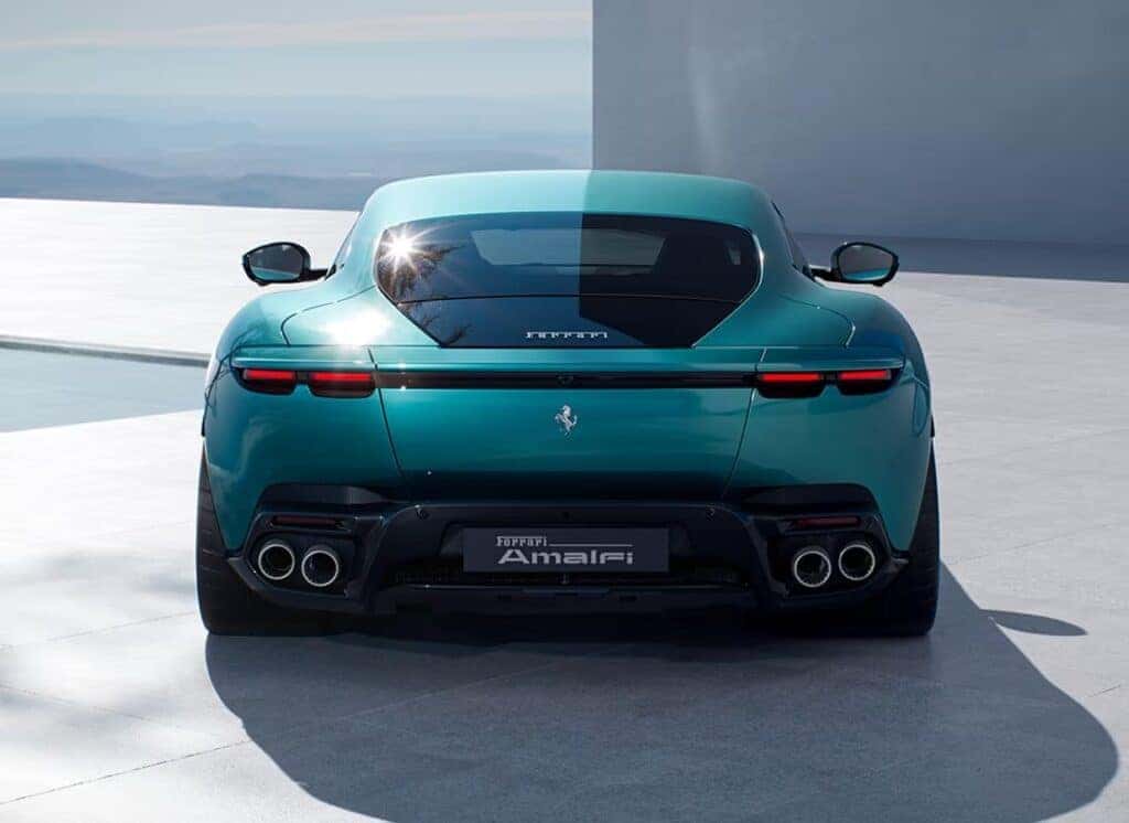 Rear view of Ferrari Amalfi showcasing sleek LED taillights and clean technical design