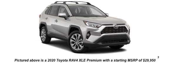 A silver 2020 Toyota RAV4 XLE Premium is angled right.