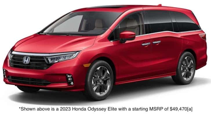 A red 2023 Honda Odyssey Elite is shown facing left.
