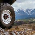 An off-road tire is shown in close up after leaving an Atlanta off-road truck dealership.