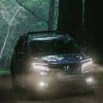 A blue 2021 Honda Passport AWD Elite is shown driving through the forest at night.