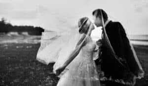 A bride and a groom on their wedding day