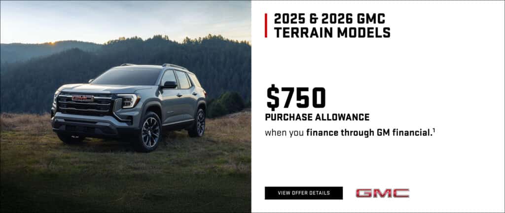 Lease the 2026 GMC Terrain Elevation for just $279/month for 36 months with $5,432 due at signing. Eligible lessees receive an additional $1,000 allowance.