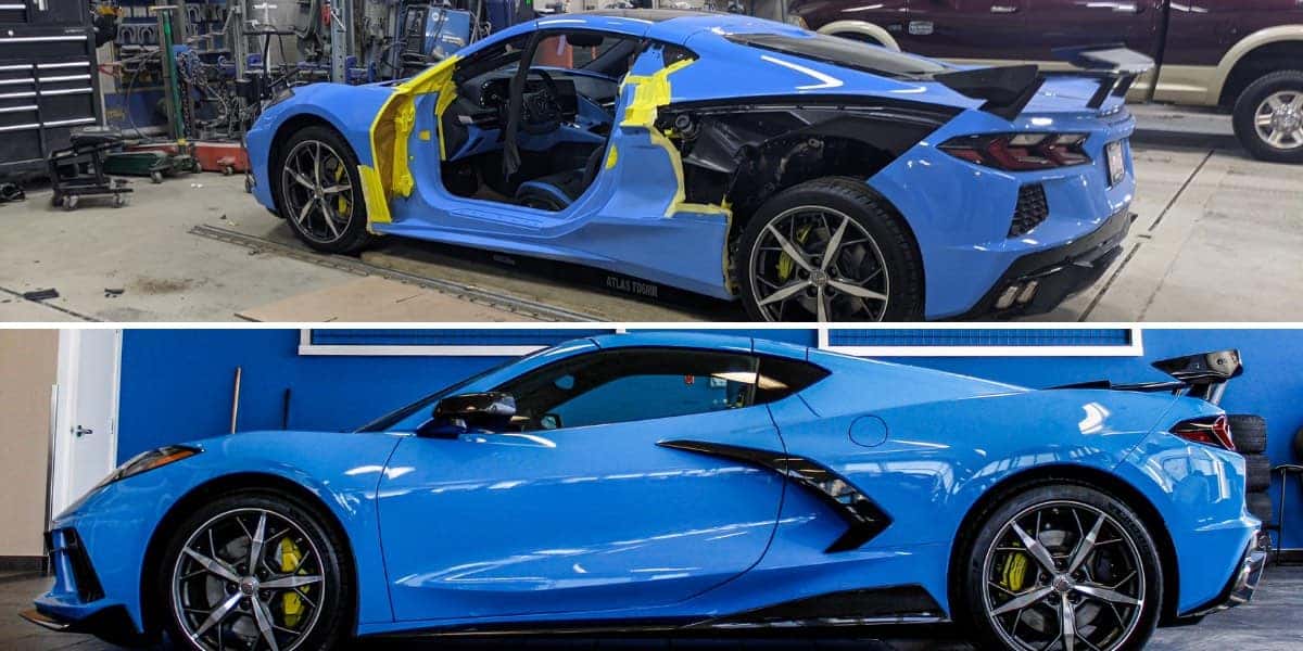 blue car damaged and repaired