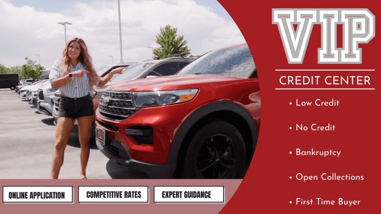 A blonde woman pointing at a red Ford