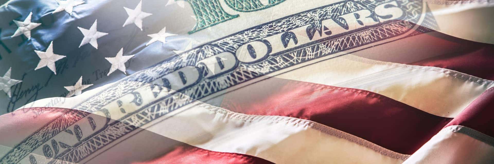 Zoomed in view of the American flag with a stylized overlay of a $100 bill