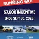 Time is running out! 🚨 Get up to $7,500 in EV lease incentives on select Chrysler, Dodge, and Jeep vehicles. Don’t wait — offer ends September 30, 2025. Visit North Country CDJR today and drive into the future with confidence.