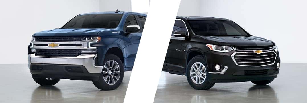 Basic Car Maintenance and Servicing Checklist | Performance Chevrolet | Blue Silverado 1500 parked in showroom on the left and a black traverse parked in showroom on the right
