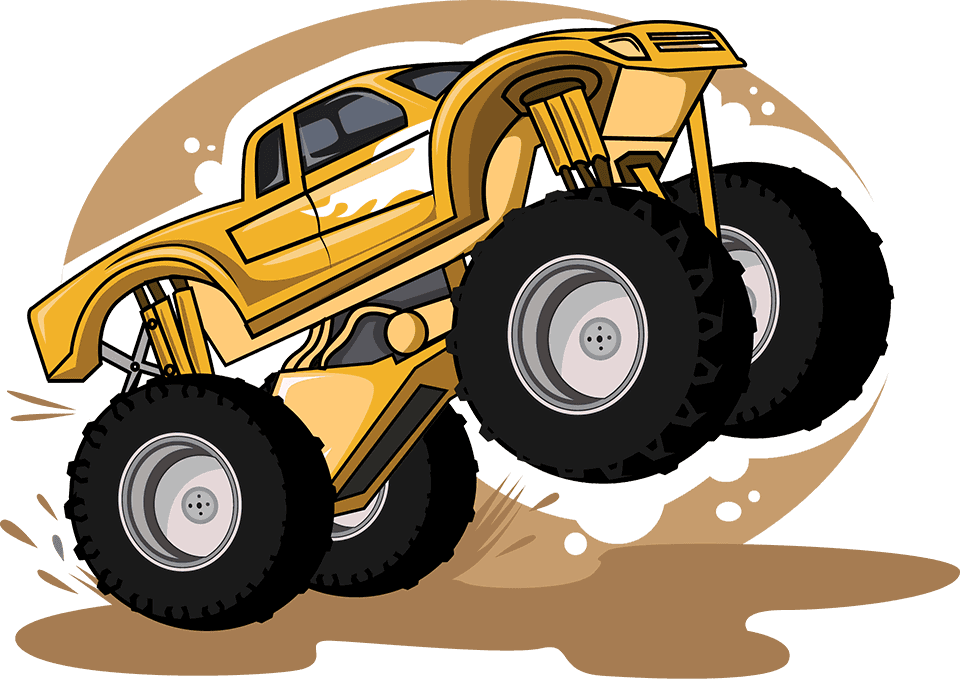 Performance Chevrolet is a Car Dealership near Poplar Branch, NC | Yellow and Goldent Monster Truck With its Front Tires Off the Ground Illustration