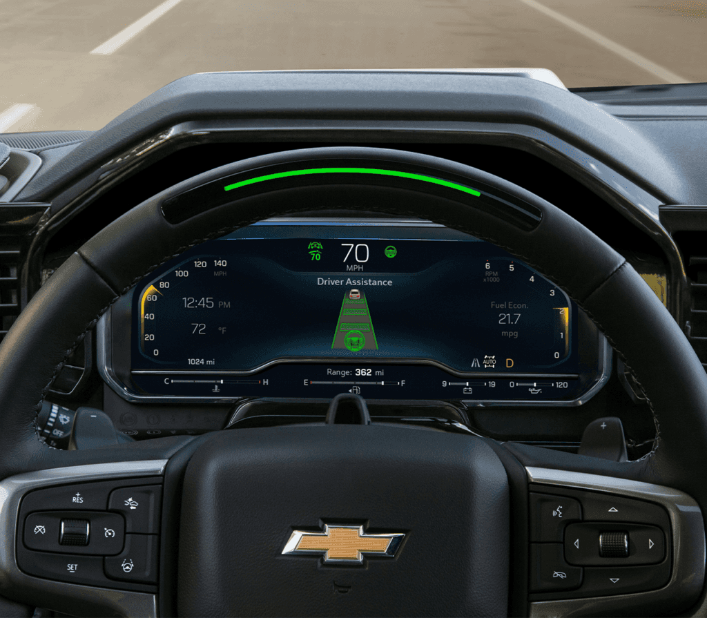 The 2022 Chevrolet Silverado 1500 LTD vs. The 2022 Chevrolet Silverado 1500 at Performance Chevrolet | Detail shot of Chevy Silverado dashboard showing its road sensor safety technology