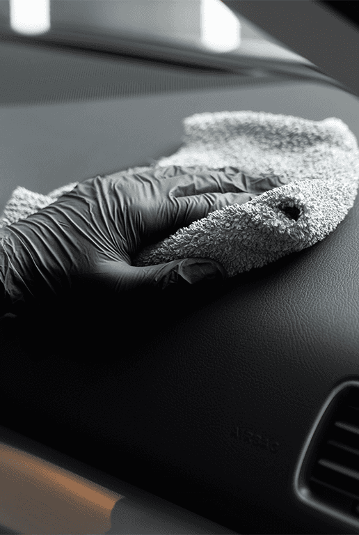 Accessories that help keep your Chevrolet protected at Performance Chevrolet in Elizabeth City, NC | Person wearing black gloves is wiping down car dashboard with microfiber cloth