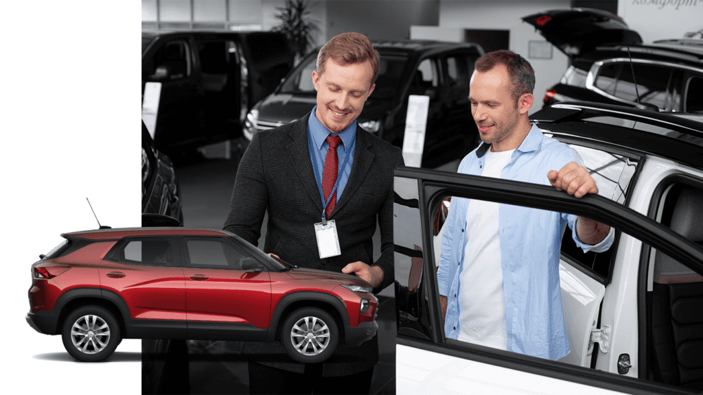 Best Time To Buy At Performance Chevrolet in Elizabeth City, NC | Side view of a Red 2022 Chevrolet TrailBlazer with a background photo of a sales person talking to a man about about car prices 