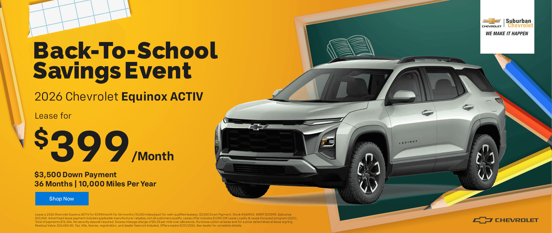 2026 Chevrolet Equinox ACTIV Lease for $399/Month | $3,500 Down Payment 36 Months | 10,000 Miles Per Year