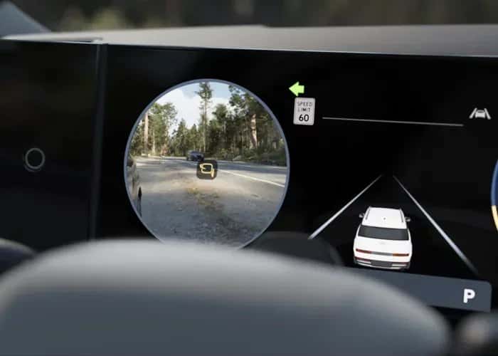 Hyundai SANTA FE Blind-Spot View Monitor displaying a side camera view in the instrument cluster